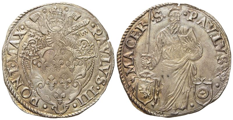 Stato Pontificio. Macerata. Paolo III (1534 - 1549). Giulio "san Paolo". Ag (3,33 G; 28,73 MM).
