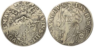 Stato Pontificio. Macerata. Paolo III (1534 - 1549). Giulio "san Paolo". Ag (2,86 G; 27,37 MM).