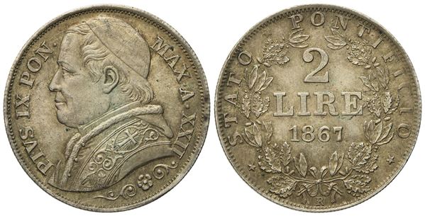STATO PONTIFICIO. Roma. Pio IX (1846 - 1870). 2 lire 1867, anno XXII. Ag (10 g; 27,79 mm).