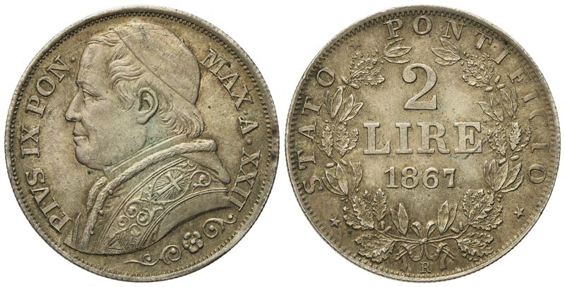 Stato Pontificio. Roma. Pio IX (1846 - 1870). 2 Lire 1867, Anno XXII. Ag (10 G; 27,79 MM).