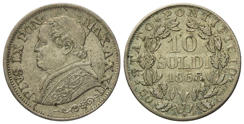 Stato Pontificio. Roma. Pio IX (1846 - 1870). 10 Soldi, 50 Centesimi 1868, Anno XXII. Ag (2,47 G;...
