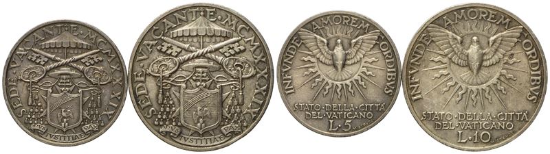 Vaticano. Sede Vacante 1939. 10 Lire 1939 - 5 Lire 1939. Ag (10g G; 27,13 MM) (5,01 G; 23,14 MM)