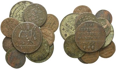 Stato Pontificio. Roma. Pio VII (1800-1823). Baiocco - Mezzo Baiocco - Quattrino. Lotto di 11 Mon...