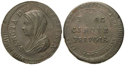 Stato Pontificio. Perugia. Pio Vi (1775 - 1799). 5 Baiocchi 1797. Inc. "a.C.". Cu (13,01 G; 31,16...