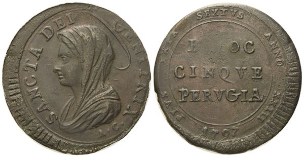 STATO PONTIFICIO. Perugia. Pio VI (1775 - 1799). 5 baiocchi 1797. Inc. "A.C.". Cu (13,01 g; 31,16 mm).  - Asta Monete e medaglie medievali e moderne italiane ed estere - Bertolami Fine Art - Casa d'Aste