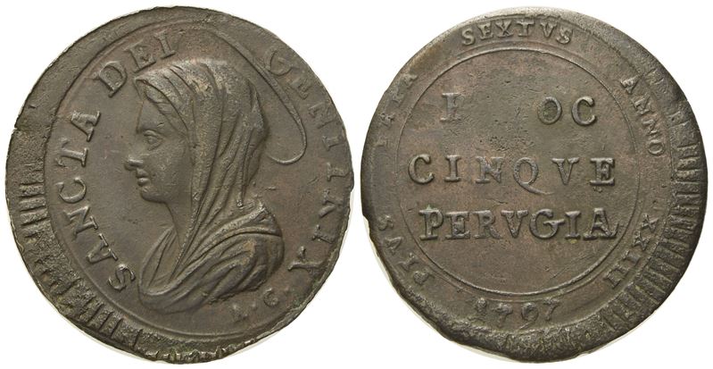 Stato Pontificio. Perugia. Pio Vi (1775 - 1799). 5 Baiocchi 1797. Inc. "a.C.". Cu (13,01 G; 31,16...