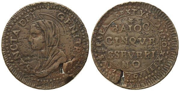 STATO PONTIFICIO. San Severino. Pio VI (1775 - 1799). 5 baiocchi 1797.  Cu (14,96 g; 31,75 mm).  - Asta Monete e medaglie medievali e moderne italiane ed estere - Bertolami Fine Art - Casa d'Aste