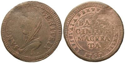 Stato Pontificio. Macerata. Pio Vi (1775 - 1799). 5 Baiocchi 1797. Cu (15,21 G; 31,85 MM).