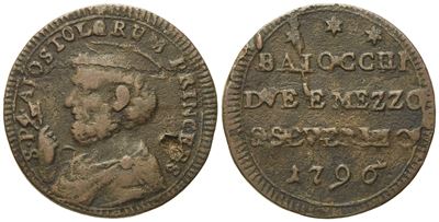 Stato Pontificio. San Severino. Pio Vi (1775 - 1799). 2 Baiocchi e Mezzo 1797. Cu (16,03 G; 29,29...