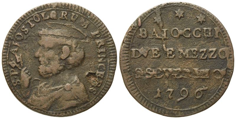 Stato Pontificio. San Severino. Pio Vi (1775 - 1799). 2 Baiocchi e Mezzo 1797. Cu (16,03 G; 29,29...