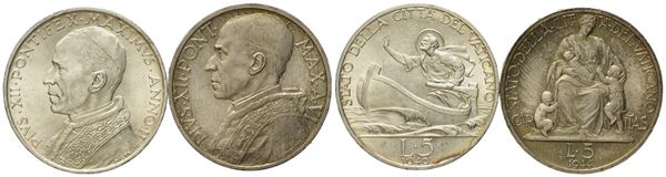 VATICANO. PIo XII (1939-1958). 5 lire 1940 - 1944. Lotto di due esemplari. Ag