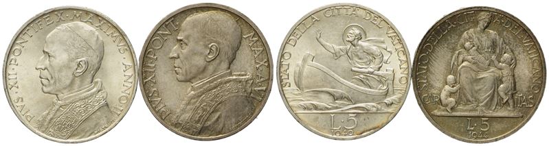 Vaticano. Pio XII (1939-1958). 5 Lire 1940 - 1944. Lotto di Due Esemplari. Ag