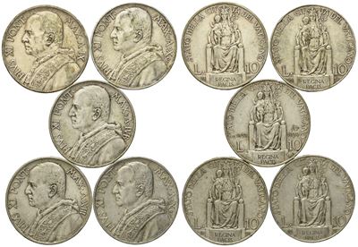 Vaticano. Pio XI (1929-1938). 10 Lire 1930, 1931, 1931, 1933/1934, 1934. Ag. Bb+. Lotto di 5 Esem...