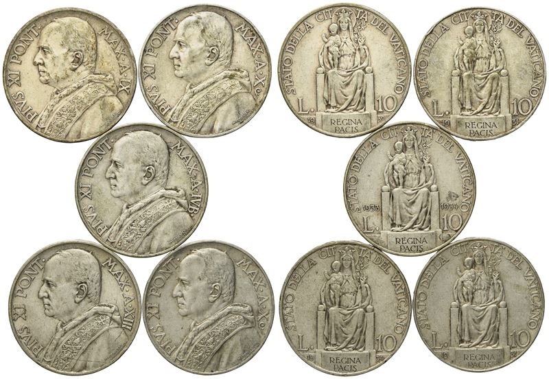 Vaticano. Pio XI (1929-1938). 10 Lire 1930, 1931, 1931, 1933/1934, 1934. Ag. Bb+. Lotto di 5 Esem...