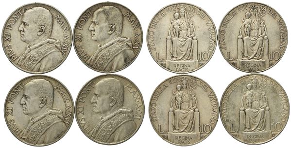 VATICANO. Pio XI (1929-1938). 10 lire 1935, 1936, 1937, 1932. Ag. BB+. Lotto di 4 esemplari.