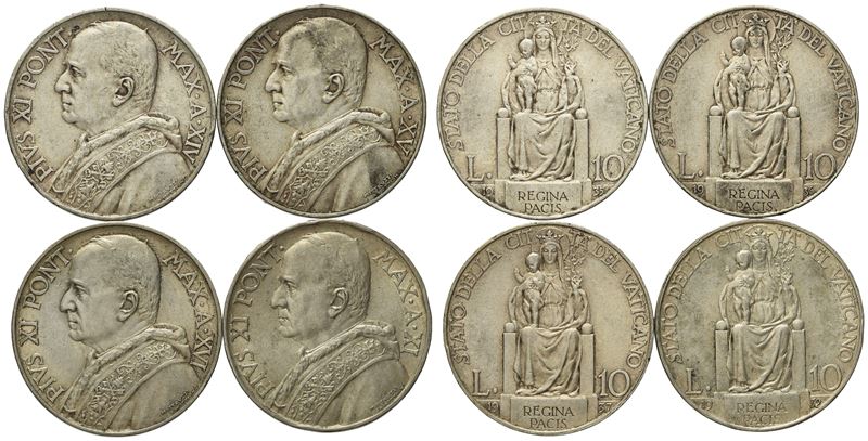 Vaticano. Pio XI (1929-1938). 10 Lire 1935, 1936, 1937, 1932. Ag. Bb+. Lotto di 4 Esemplari.