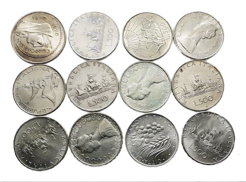 REPUBBLICA ITALIANA. Lotto di n. 12 monete da 500 lire "Caravelle" e 1000 lire in argento. Ag