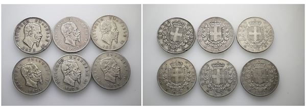 REGNO D'ITALIA. Vittorio Emanuele II (1861-1878). Lotto di 6 monete da 5 lire 1874-1875. Conservazioni varie. Ag  - Asta MONETE E MEDAGLIE MODERNE, CONI, PUNZONI E RARITÀ MASSONICHE - Bertolami Fine Art - Casa d'Aste