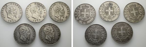 REGNO D'ITALIA. Vittorio Emanuele II (1861-1878). Lotto di 5 monete da 5 lire 1870-1875-1876. Conservazioni varie. Ag  - Asta MONETE E MEDAGLIE MODERNE, CONI, PUNZONI E RARITÀ MASSONICHE - Bertolami Fine Art - Casa d'Aste