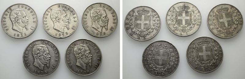 REGNO D'ITALIA. Vittorio Emanuele II (1861-1878). Lotto di 5 monete da 5 lire 1870-1875-1876. Con...