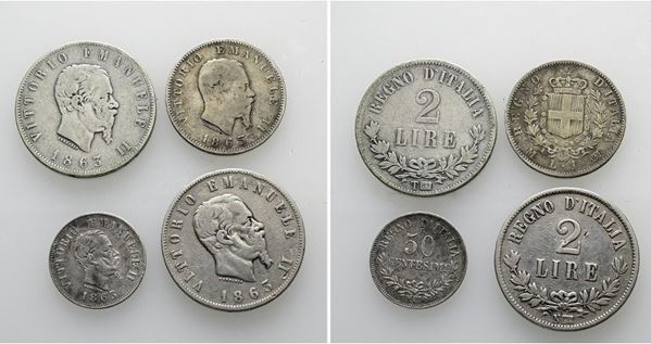 REGNO D'ITALIA. Vittorio Emanuele II (1861-1878). Lotto di 4 monete da 2 lire, 1 lira e 50 centesimi. Conservazioni varie. Ag  - Asta MONETE E MEDAGLIE MODERNE, CONI, PUNZONI E RARITÀ MASSONICHE - Bertolami Fine Art - Casa d'Aste