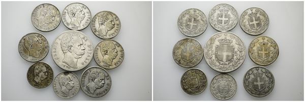 REGNO D'ITALIA. Umberto I (1878-1900). Lotto di 9 monete. Conservazioni varie. Ag  - Asta MONETE E MEDAGLIE MODERNE, CONI, PUNZONI E RARITÀ MASSONICHE - Bertolami Fine Art - Casa d'Aste