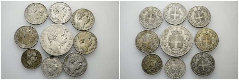 REGNO D'ITALIA. Umberto I (1878-1900). Lotto di 9 monete. Conservazioni varie. Ag