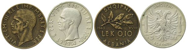 ALBANIA ITALIANA. Vittorio Emanuele III (1939-1943). Lotto da 2 monete da 5 lek in argento e 0,10 lek.