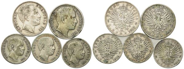 REGNO D'ITALIA. Vittorio Emanuele III (1900-1943). Lotto di 5 monete. 2 lire 1905, 1907; 1 lira 1901, 1906, 1907. Conservazioni varie