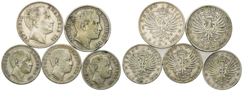 Regno D'italia. Vittorio Emanuele III (1900-1943). Lotto di 5 Monete. 2 Lire 1905, 1907; 1 Lira 1...