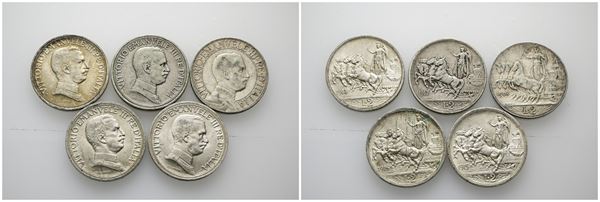 REGNO D'ITALIA. Vittorio Emanuele III.  Lotto di 5 monete da 2 lire 1908, 1914, 1915, 1916, 1917 R. Conservazioni varie. Ag