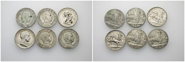 REGNO D'ITALIA. Vittorio Emanuele III.  Lotto di 6 monete da 1 lira 1908, 1909, 1912, 1913, 1915, 1917. Conservazioni varie. Ag