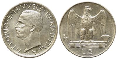 Regno D'italia. Vittorio Emanuele III (1900-1943). 5 Lire 1930. Ag; 5gr