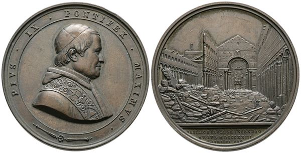 STATO PONTIFICIO. Pio IX (1846-1878) Medaglia 1858 ricostruzione della Basilica di San Paolo dopo l’incendio – Opus: Girometti – Bart. SD-43A AE (g 65,66 – Ø 50 mm)