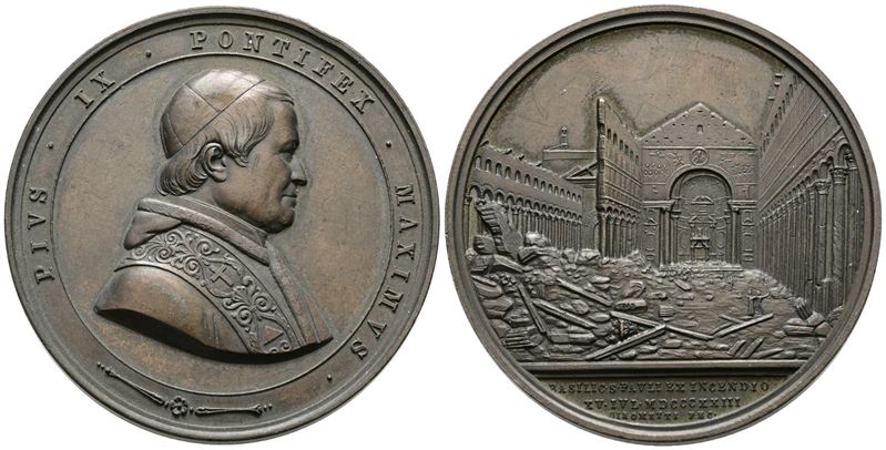Stato Pontificio. Pio IX (1846-1878) Medaglia 1858 Ricostruzione Basilica di San Paolo. Ae (g 65,...