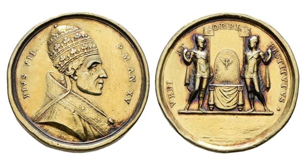 STATO PONTIFICIO. Pio VII (1800-1823). Medaglia anno XV. Soggiorno a Imola e Cesena nel ritorno a Roma - Opus: Pasinati - Bart. 814 Ag dorato. 29,45gr. Fondi ripassati ed esergo al R cancellato.Ex Mount