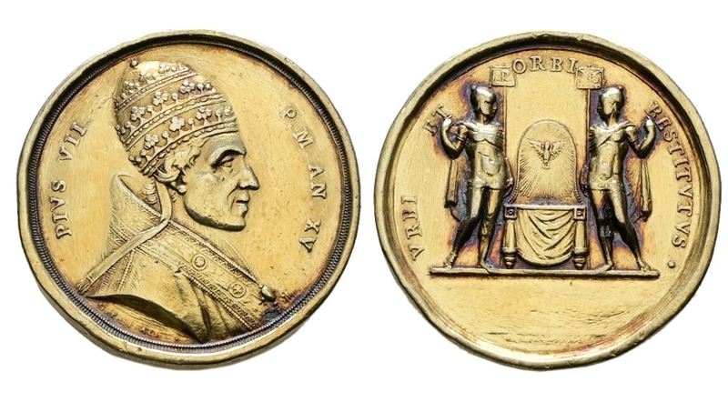 Stato Pontificio. Pio VII (1800-1823). Medaglia Anno XV. Soggiorno a Imola e Cesena nel Ritorno a...