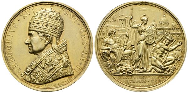STATO PONTIFICIO. Gregorio XVI (1831-1846). Medaglia A. II - Opus: Cerbara - Ag dorato 33,17gr.43 mm. EX MOUNT; Rara