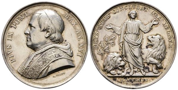 STATO PONTIFICIO. Pio IX (1846-1878) MEDAGLIA Anno XVI - Contro i Nemici dello Stato Pontificio. Ag 34,61gr. 43,5mm - Bart.E861