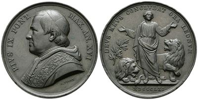 Stato Pontificio. Pio IX (1846-1878) Medaglia Anno XVI - Contro i Nemici dello Stato Pontificio. ...