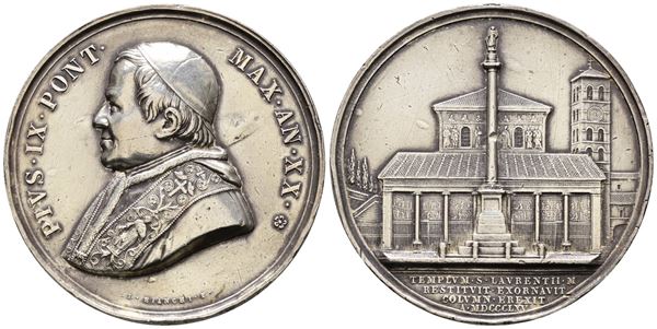 STATO PONTIFICIO. PIO IX (1846-1878). Medaglia a. XX 1865 - S. Lorenzo fuori le Mura Ag. 33,7gr. 43,5mm. Opus: Bianchi. Rara