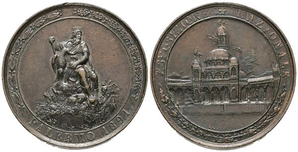 PALERMO. Medaglia 1891 Esposizione Nazionale "Genio di Palermo". Opus: F.Speranza. Ae; 31gr; 40,45mm  - Asta MONETE E MEDAGLIE MODERNE, CONI, PUNZONI E RARITÀ MASSONICHE - Bertolami Fine Art - Casa d'Aste