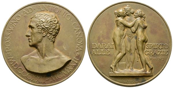 PERSONAGGI. POSSAGNO. Antonio Canova (1757-1822) Medaglia 1922 Centenario della morte dell'artista. Opus: A. Mistruzzi AE 44mm. Rara