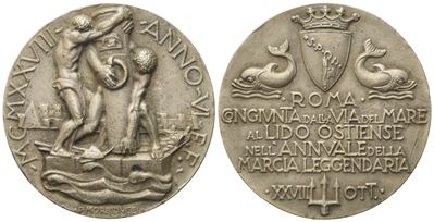 Fasciste. Medaglia 1928 per la Roma-ostia. Opus: Morbiducci. Ag; 35,47gr; 40,63mm