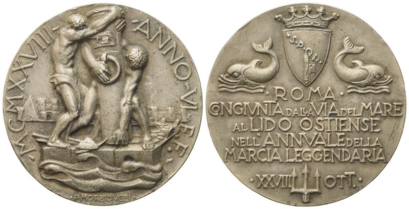 Fasciste. Medaglia 1928 per la Roma-ostia. Opus: Morbiducci. Ag; 35,47gr; 40,63mm