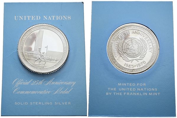 ONU. Medaglia 1970 25th anniversary United Nations 1945-1970. Ag 925; 26,5gr; 38,5mm; FDC, 