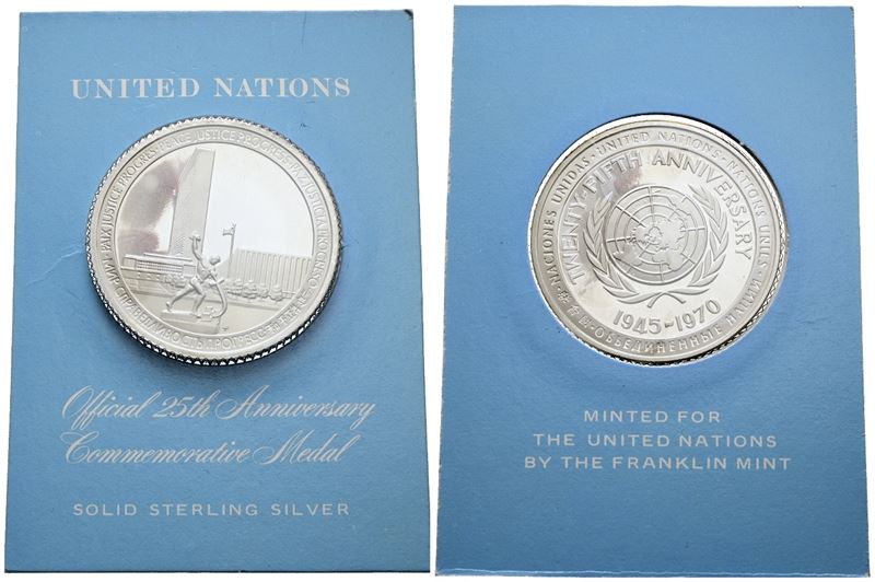 ONU, Medaglia commemorativa del 25° anniversario delle Nazioni Unite 1945-1970, Ag 925