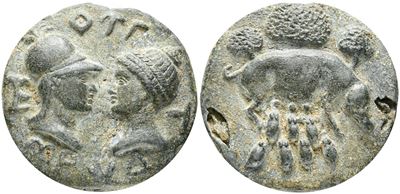 Medaglione romano in pseudo-moneta, 900, Falso di fantasia con scrofa e due busti affrontati, Ae,...