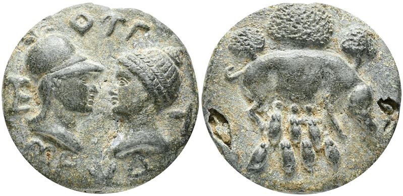 Varie. Falso di Fantasia del 900 di Medaglione Romano con Scrofa e Due Busti Affrontati. Ae; 68mm