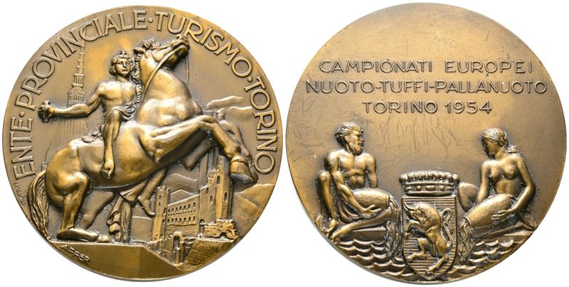 TORINO. Medaglia Ente Provinciale Turismo Torino 1954. Campionati europei nuoto, tuffi, pallanuot...